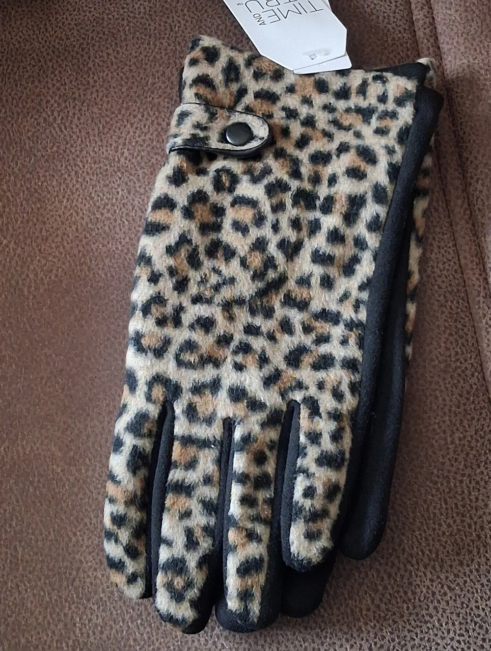 Time And Tru Leopard Print Faux Fur Gloves - Black & Tan L-XL
